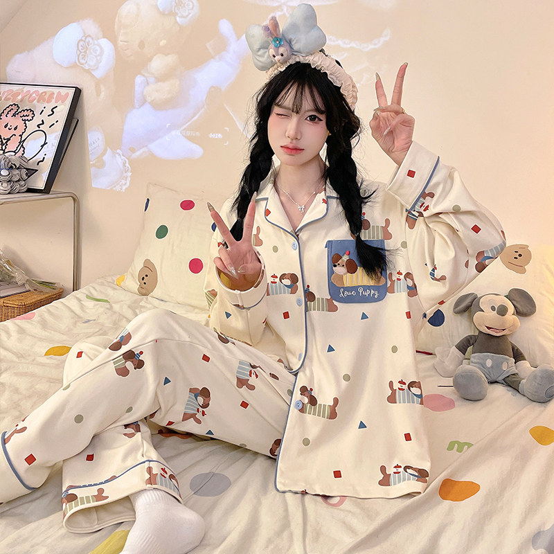 德绒女士睡衣长袖秋冬季青少年卡通甜美保暖加厚款妈妈家居服套装