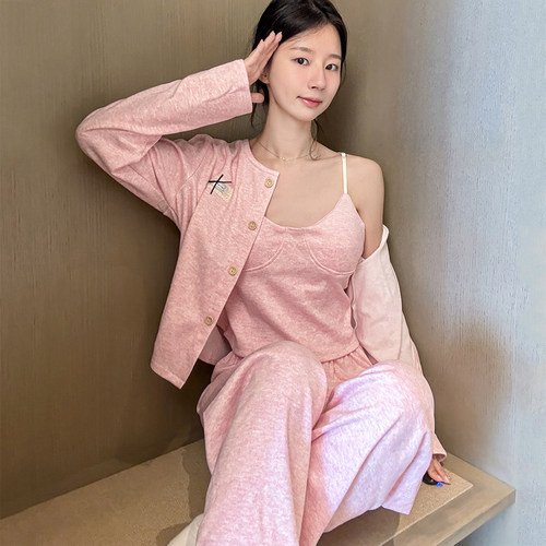 睡衣女士开衫长袖性感甜美秋冬吊带春秋季保暖长裤家居服三件套装