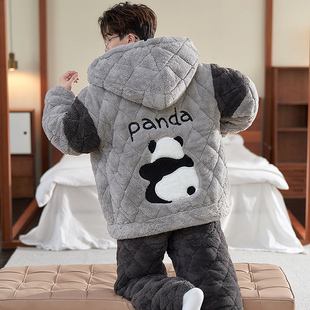 睡衣男士三层夹棉加厚珊瑚绒冬季青少年卡通家居服套装法兰绒加绒