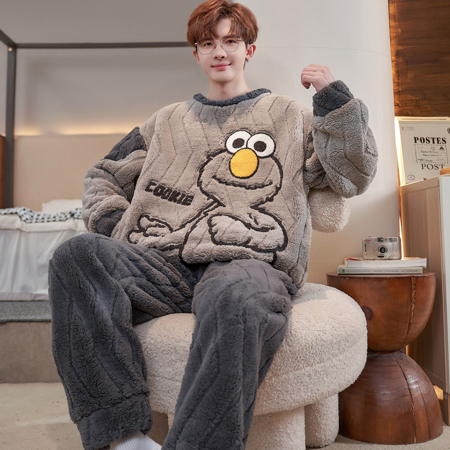 青少年睡衣男孩圆领珊瑚绒加厚卡通初中生秋冬季法兰绒套装家居服