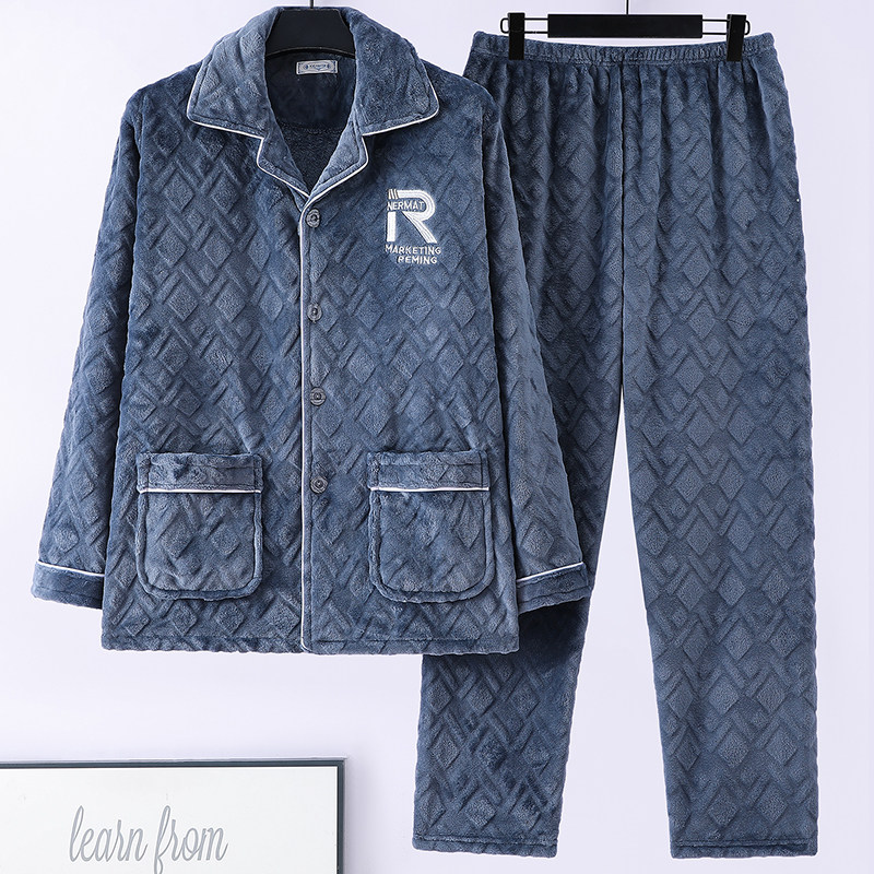 珊瑚绒睡衣男士加厚法兰绒秋冬季保暖爸爸中老年人加绒家居服套装