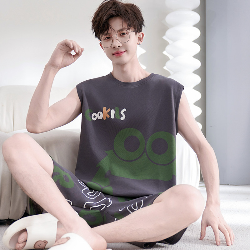 纯棉睡衣男孩夏季青少年薄款卡通背心无袖初中学生大童家居服套装