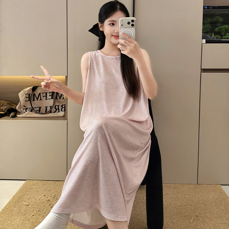 睡裙女生夏季条纹无袖薄款甜美风宽松长款妈妈家居裙圆领连衣裙