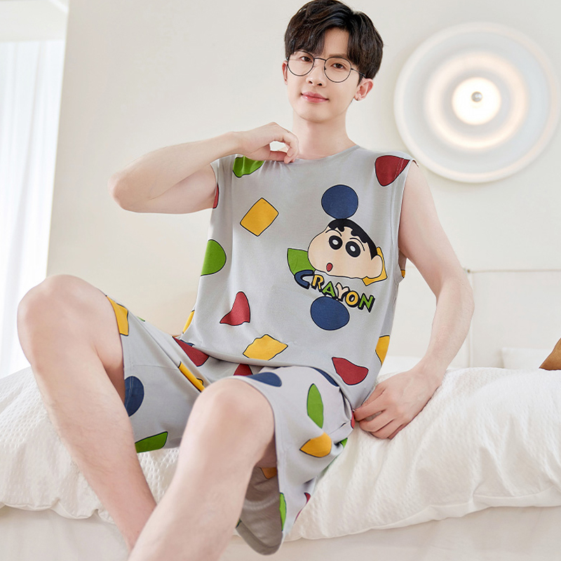 莫代尔睡衣男孩无袖背心青少年夏薄款初中学生大童卡通套装家居服