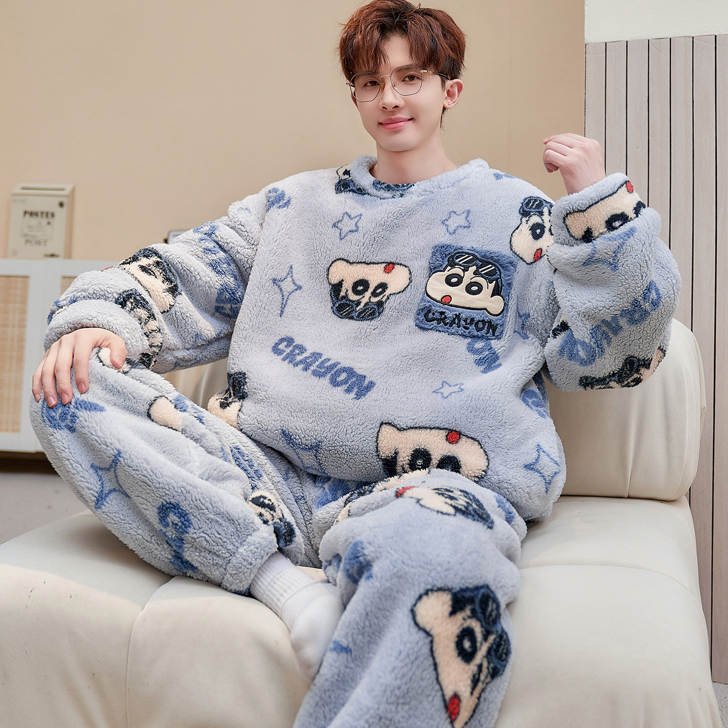 加厚珊瑚绒青少年睡衣男孩卡通初中生圆领秋冬季家居服法兰绒套装