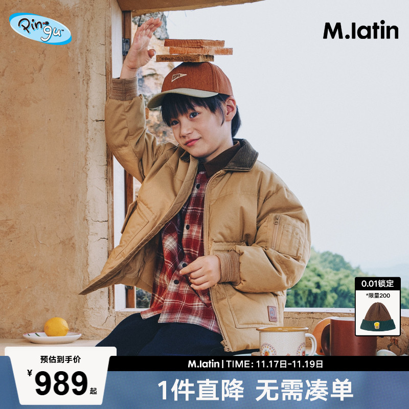 巴恩风工装羽绒夹克 复古灯芯条拼接翻领