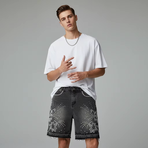 男士牛仔短裤水钻宽松直筒黑色