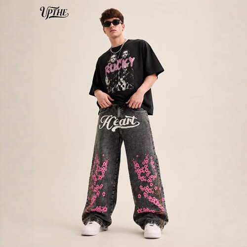 Wide Leg Jeans Vintage Washed Black Gray Denim Pants