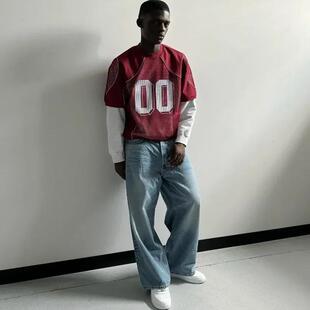 loose American men shirt mesh printed digital blue Red