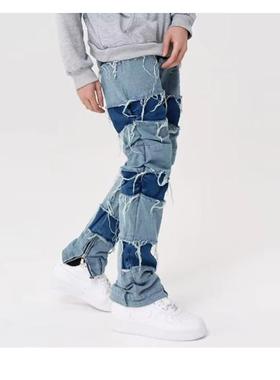 Distressed patchwork inner zip straight jeans男款