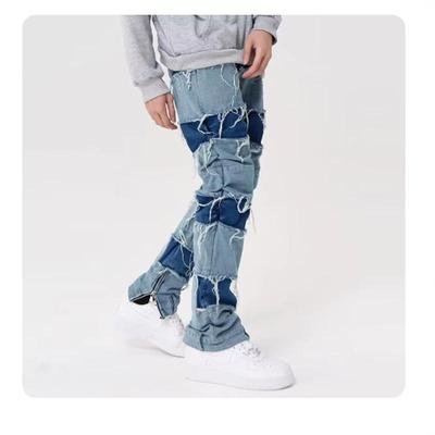 Distressed patchwork inner zip straight jeans男款