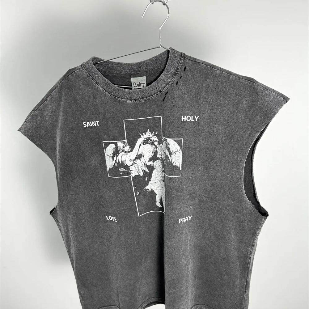 Sleeveless T-Shirts Vintage Washed T Shirt Printing Tee Tops