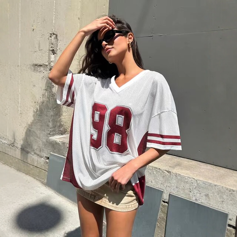 Vintage Patchwork Print V-Neck Short Sleeve Jersey女款