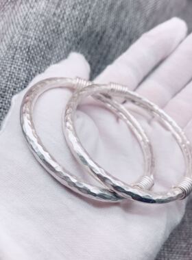 正品足银999纯银手镯女实心工锤纹覆古绕银丝足男女情侣手定制族