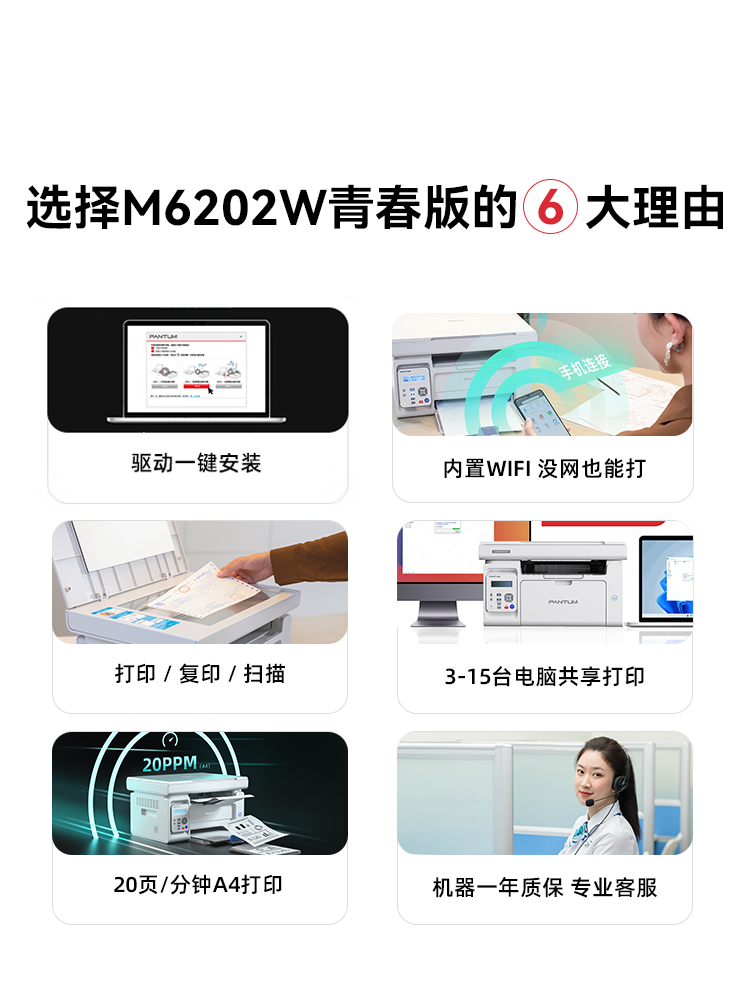 奔图m6202w青春黑白激光打印机打印复印扫描无线wifi多功能一体机