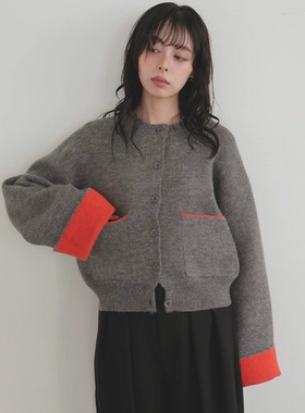日系1ian复古设计感撞色拼色翻边大袖口圆领系扣针织毛衣长袖开衫