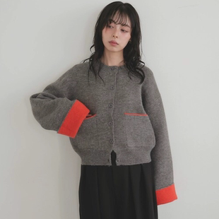 开衫 日系1ian复古设计感撞色拼色翻边大袖 口圆领系扣针织毛衣长袖