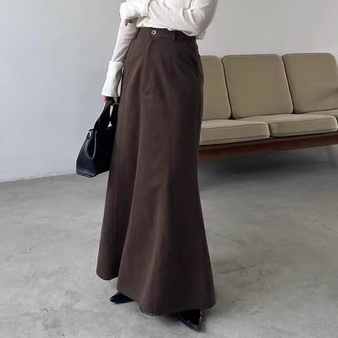 日系小众红牌设计感薄手纯棉丹宁洗水做旧抗皱鱼尾及踝套装长裙