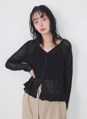 26SS日系复古1ian可爱设计感镂空花线花边下摆长袖V领针织开衫