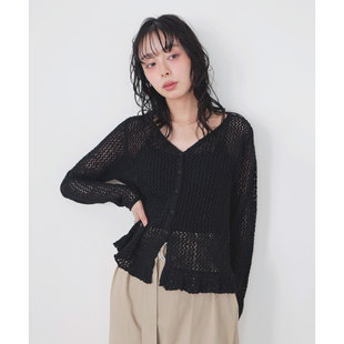 26SS日系复古1ian可爱设计感镂空花线花边下摆长袖 V领针织开衫