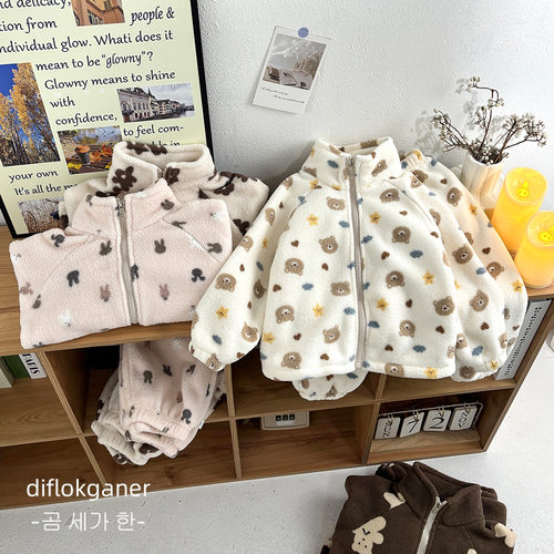 冬季新款加绒加厚儿童家居服男女童韩版保暖套装儿童外套童装