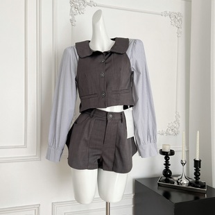 小美家制服小调学院风娃娃领假两件上衣短裤 甜美两件套 套装 女夏季