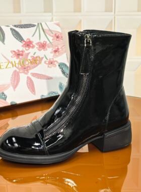8978/4CM牛漆皮清仓撤柜断码处理女筒靴方头侧拉链秋冬靴子时装靴