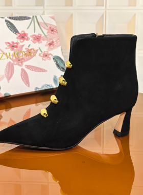 2182/4CM羊京皮断码撤柜清仓处理短靴百搭粗跟女尖头跟鞋黑色防滑