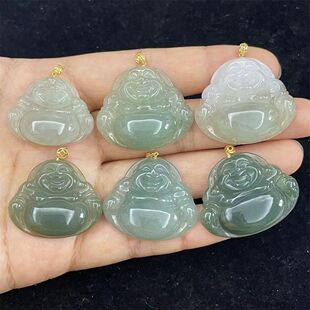 看选项挑 冰种佛公吊坠镶嵌18K金扣头缅甸翡翠玉佛玉坠笑佛弥勒佛