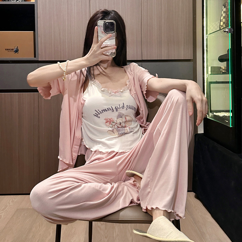 三件套短袖带胸垫家居服外穿