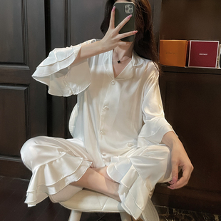 春夏睡衣纯色女仿真丝绸缎女神网红ins开衫荷叶边甜美家居服外穿