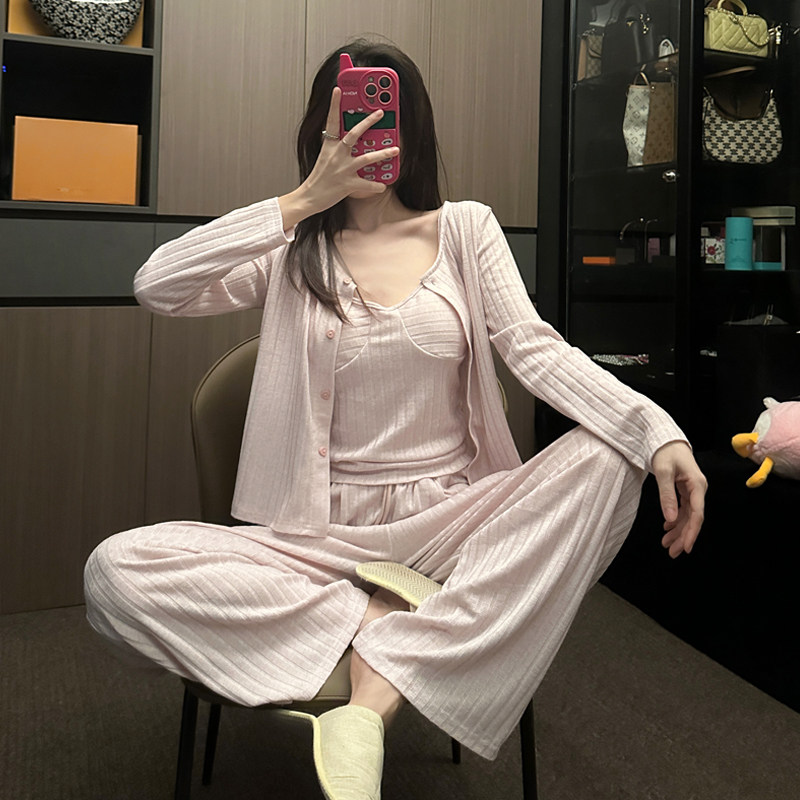 春秋睡衣女坑条纯棉开衫吊带纯欲风三件套法式带胸垫性感家居服