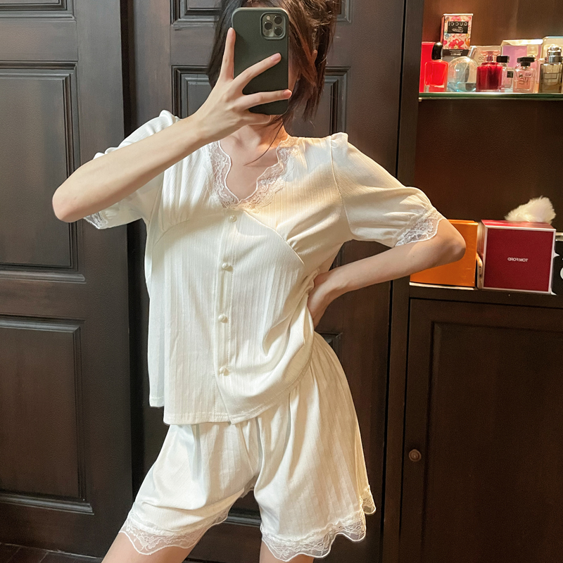 睡衣女夏套装纯棉蕾丝白色网红气质复古宽松小香风开衫甜美家居服