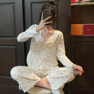 纯棉小香风清新甜美套装 睡衣女春秋碎花复古圆领开衫 家居服可外穿