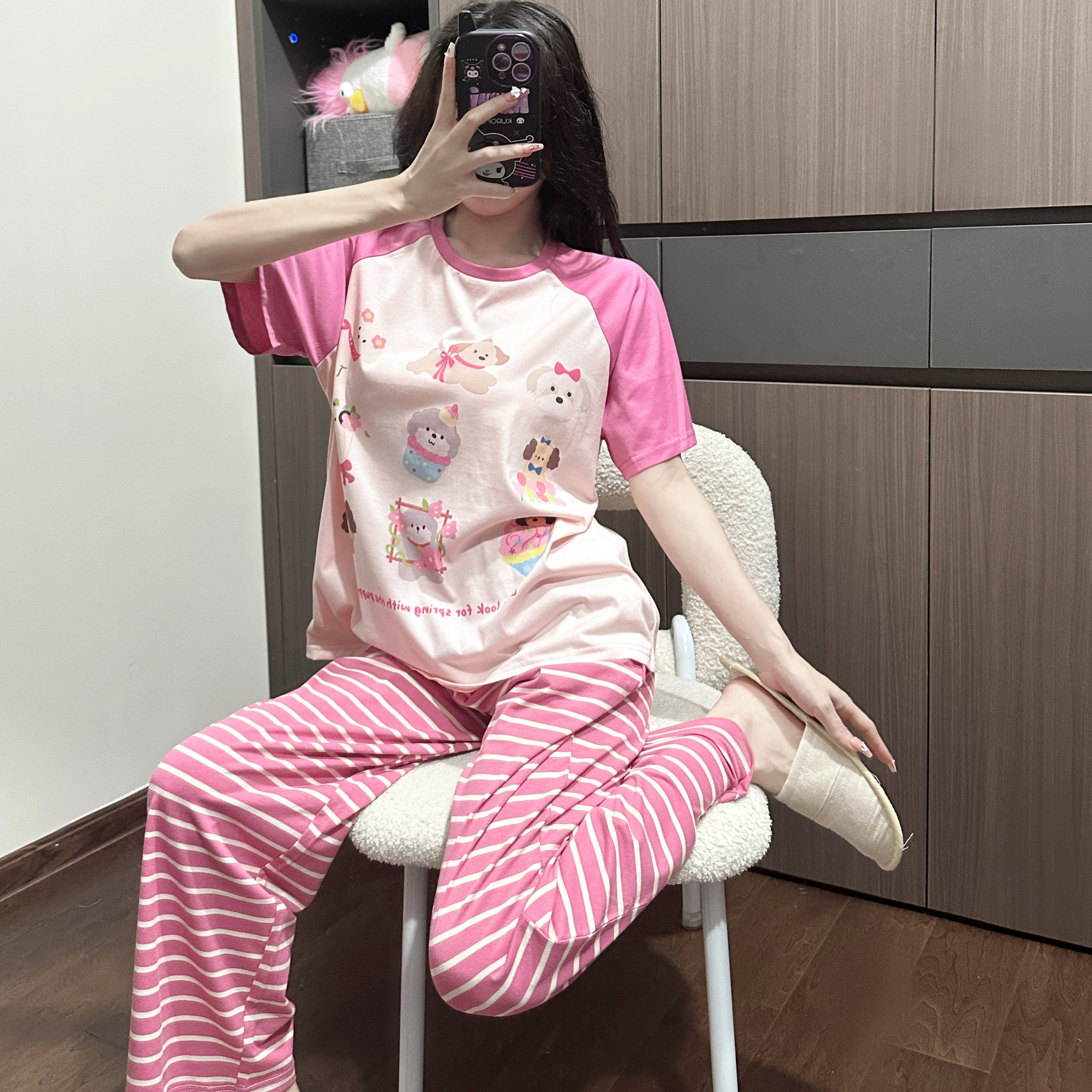 2025新款睡衣女春夏季纯棉短袖长裤卡通可爱小狗家居服套装可外穿