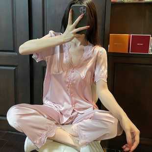 睡衣夏女仿真丝蕾丝网红甜美小香风气质短袖绸缎宫廷复古家居服薄