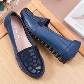 休闲百搭中年女士春秋单鞋 妈妈鞋 一脚蹬真皮防滑软底舒适平底韩版