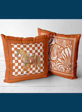 橙色马风格图案棉麻床头大靠垫长方形腰枕客厅抱枕北欧现代靠枕套