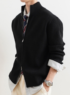 SHIJOIN原创黑色/棕色立领双拉链针织开衫重磅落肩毛衣外套200150