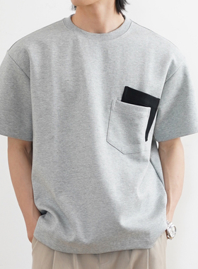SHIJOIN原创 灰色短袖T恤宽松重磅420克双层撞色口袋小领口200102