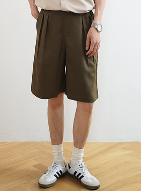 SHIJOIN原创 茶棕色双褶百慕大五分裤宽松骑兵斜混纺短裤男200211