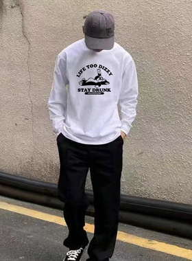小猫喝醉英文趣味life too dizzy 喝酒吧美式复古男女纯棉长袖t恤