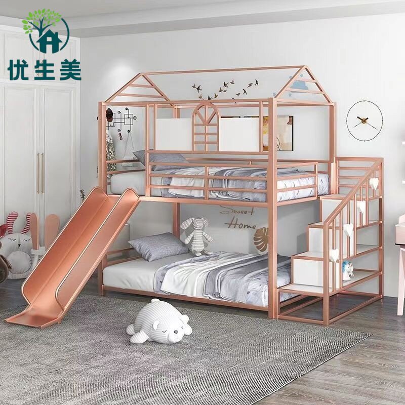 北欧高架床公寓铁艺空中吊顶阁楼床复式小户型滑梯上床下空梯柜床