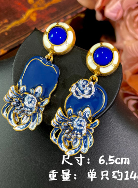 【蓝色海洋】复古花卉中古耳环AB法式个性珐琅花朵耳钉
