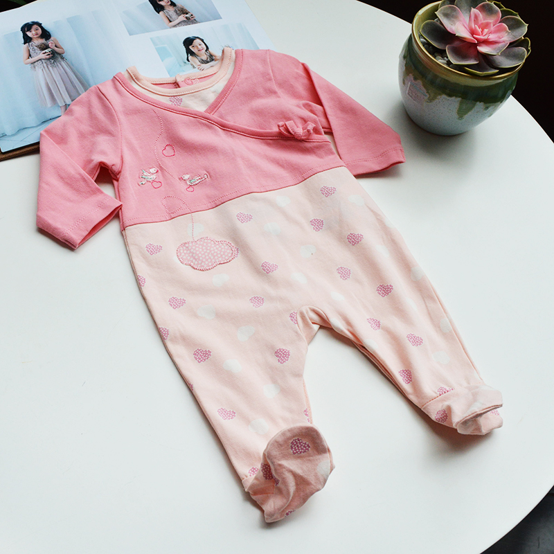 新生儿护肚全棉粉色包脚连体衣