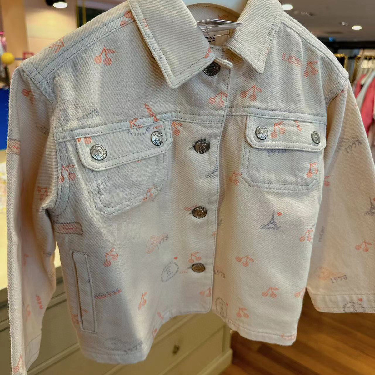 4-14岁 法系风秋冬新款女孩中大童樱桃印花纯棉软牛仔衣外套