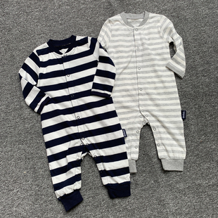 0-2岁 外贸原单初生婴儿男童小宝宝纯棉条纹连体衣爬服护肚长睡衣