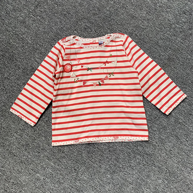 12M/74CM 纯元法单S家女婴童宝宝纯棉条纹印花长袖T恤打底衫上衣