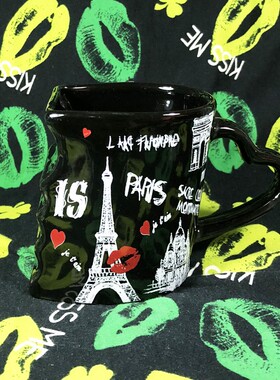 外贸原单浪漫法国Paris巴黎铁塔黑色异型马克杯咖啡杯家居摆件 潮