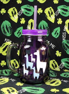 外贸出口可爱羊驼少女心紫色随手玻璃杯可乐饮料奶茶水杯礼物吸管